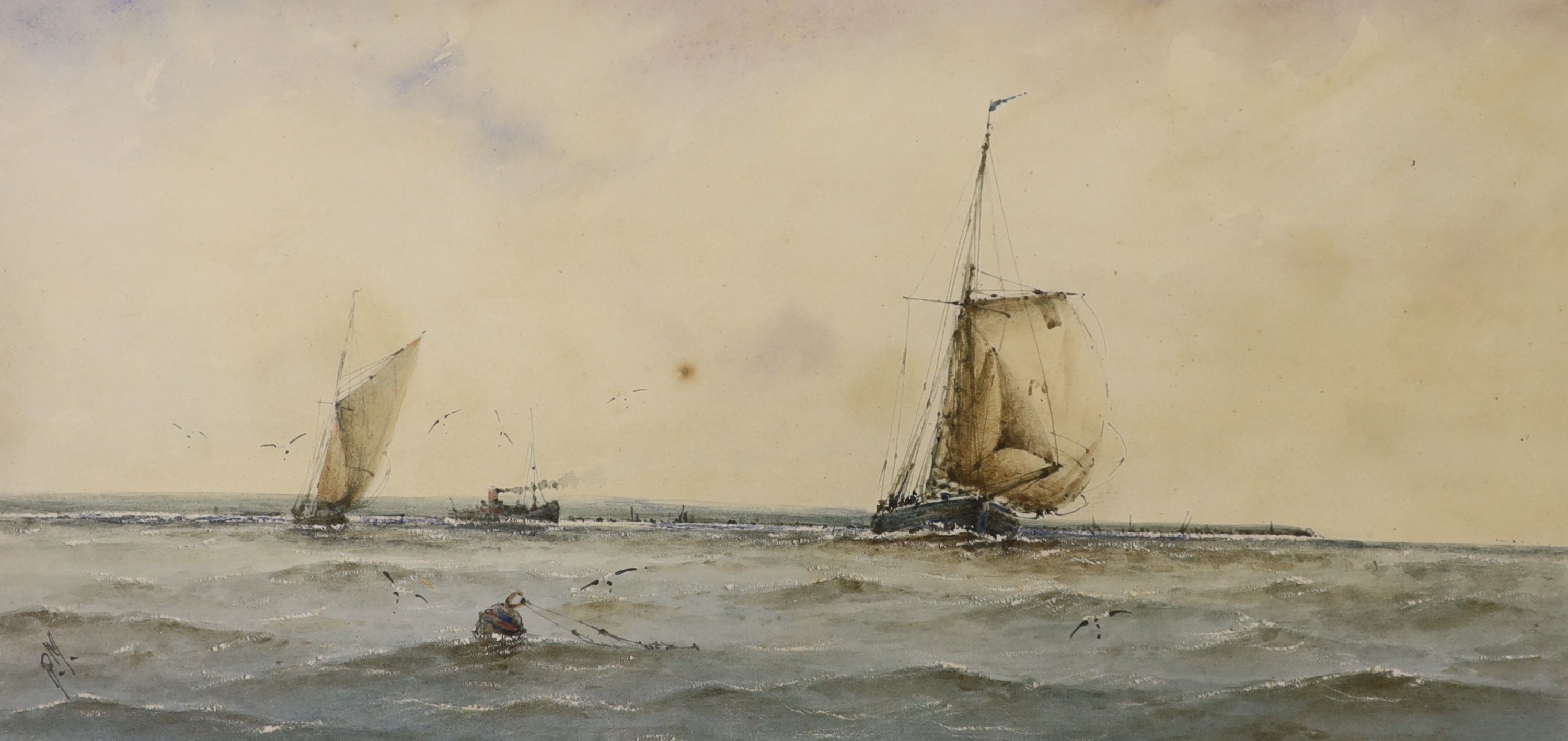 Richard Markes (1875-1920), watercolour, Fishing boats and steamer along the coast, initialled, 15 x 32cm